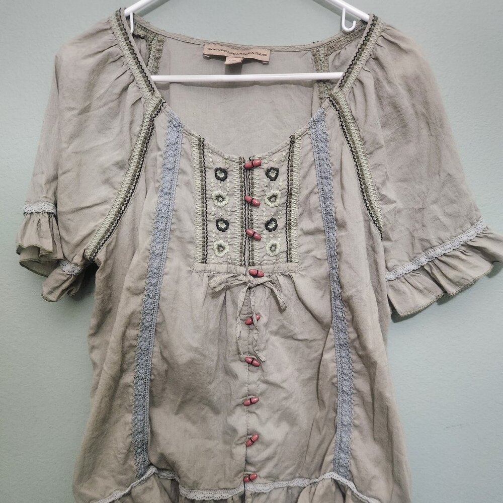 Boho Embroidered Peasant Blouse - Taupe